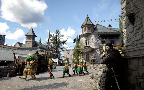 A vibrant scene from the video game Crimson Desert, showcasing a medieval village with characters in colorful attire walking past stone buildings under a clear blue sky.