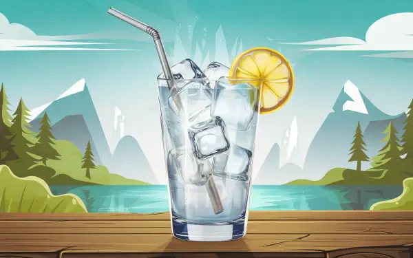 A refreshing cold drink with ice and a lemon slice stands against a scenic backdrop of mountains and a calm lake, showcased as a 4K Ultra HD desktop wallpaper.