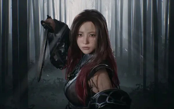 A character from Phantom Blade Zero stands poised with a sword, set against a misty forest backdrop, showcasing stunning 4K Ultra HD detail for an immersive gaming atmosphere.