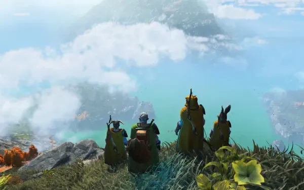 A stunning 4K Ultra HD wallpaper from the video game Light No Fire, featuring four characters gazing at a vibrant landscape with mountains and a shimmering ocean.