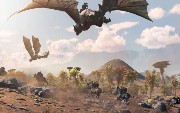 A stunning 4K Ultra HD wallpaper showcasing a fantastical landscape from the video game Light No Fire, featuring dragons soaring above a vibrant terrain filled with exotic flora and fauna.