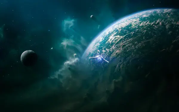 A stunning HD desktop wallpaper featuring a vibrant, cosmic scene from the video game Exodus (2024), showcasing a distant planet surrounded by celestial bodies.