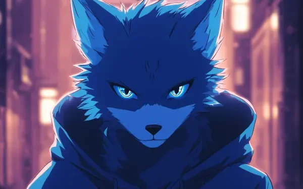 A striking HD anime wallpaper featuring an anthropomorphic blue wolf with captivating piercing eyes, set against a moody urban background. Perfect for fans of furry art.