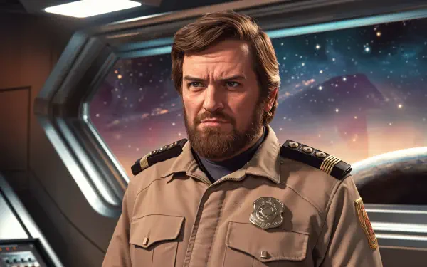 A grumpy character in a beige uniform stands in a spaceship's control room, with a starry universe visible through the window. High-quality 4K Ultra HD desktop wallpaper.