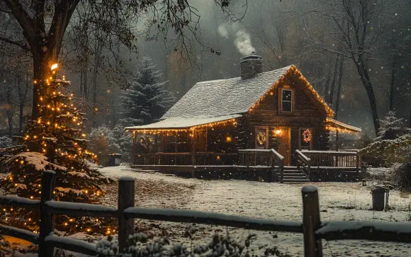 A cozy rustic cabin adorned with holiday lights stands amidst gently falling snow, surrounded by evergreen trees, creating a serene winter scene. 4K Ultra HD desktop wallpaper.