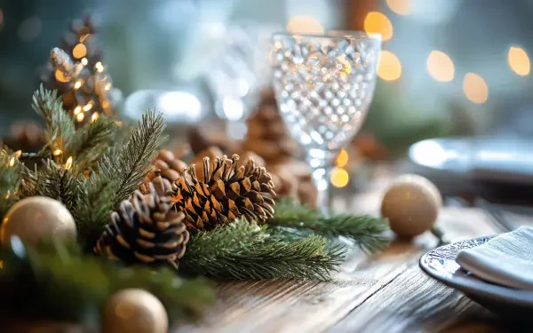 A cozy rustic holiday scene featuring pinecones, evergreen foliage, and elegant glassware, illuminated by soft bokeh lights, creating a warm, inviting atmosphere in 4K Ultra HD.