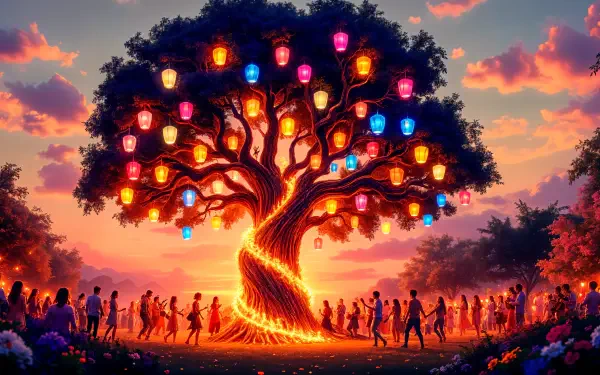 A vibrant, joyful holiday scene featuring a large illuminated tree surrounded by people celebrating, with colorful lanterns casting a warm glow against a sunset sky. 4K Ultra HD quality.