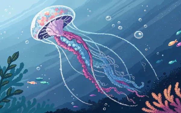 A vibrant jellyfish glides gracefully through an underwater scene, surrounded by bubbles and colorful fish, creating a stunning 4K Ultra HD desktop wallpaper.