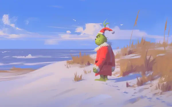 An anime-style HD desktop wallpaper features the Grinch standing on a beach, with gentle waves in the background and a bright blue sky overhead.
