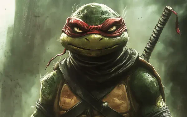 A detailed HD desktop wallpaper featuring Raphael from Teenage Mutant Ninja Turtles, showcasing his fierce expression and iconic red mask against a dark, atmospheric background.