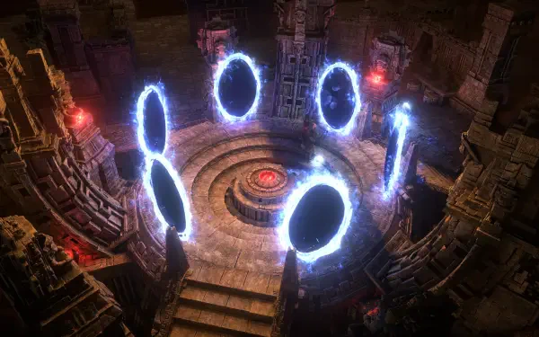A captivating 4K Ultra HD wallpaper from *Dragon Age: The Veilguard*, featuring a mystical portal surrounded by ancient stone structures and glowing energy orbs.