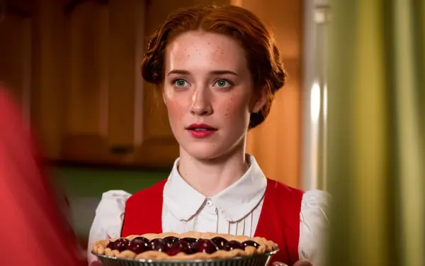 A young woman in a red dress holds a cherry pie, expressing surprise. This vibrant image serves as a captivating 4K Ultra HD PC desktop wallpaper and background.