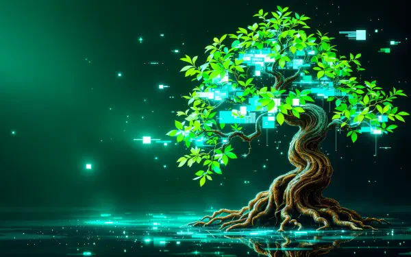 A vibrant bonsai tree with lush green leaves stands against a glowing digital background, captured as a stunning 4K Ultra HD wallpaper for your desktop.