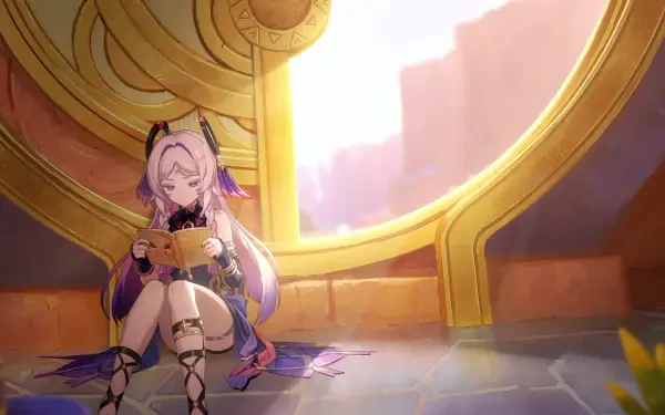 HD PC desktop wallpaper featuring Citlali from Genshin Impact, depicted as a girl reading inside a warmly lit, circular windowed room.