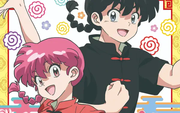 2K Quad HD PC desktop wallpaper: Anime scene from Ranma ½ featuring Ranma Saotome and a pink‑haired companion smiling amid colorful swirl motifs.