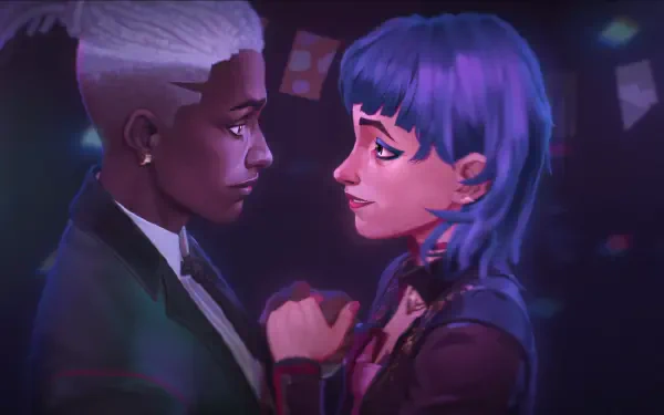 Ekko and Jinx from the TV show Arcane share an intimate moment in this vibrant HD desktop wallpaper, showcasing their dynamic from Arcane Season 2 and the League of Legends universe.