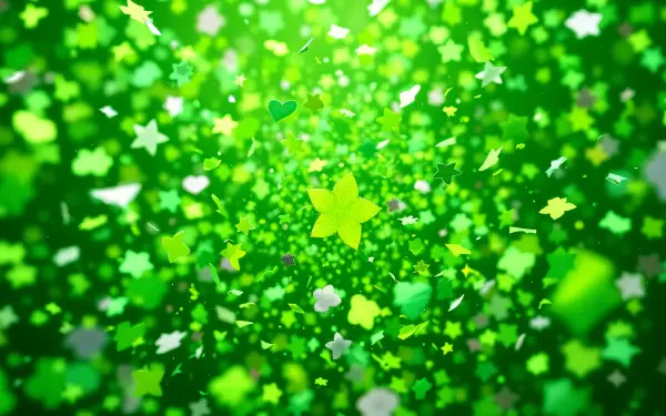 A vibrant 4K Ultra HD background featuring swirling green confetti, creating a festive and lively atmosphere with star and heart shapes.