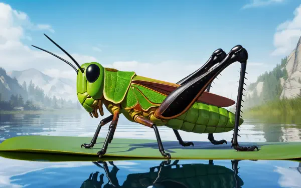 A vibrant grasshopper depicted in a whimsical style, perched on a leaf above a serene lake, set against a backdrop of blue skies and distant mountains. 4K Ultra HD wallpaper.