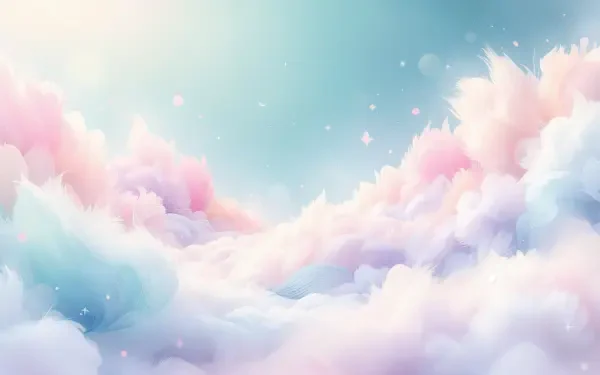 A dreamy landscape of fluffy pastel clouds under a soft, light blue sky, creating a cute aesthetic for a stunning 4K Ultra HD PC desktop wallpaper background.