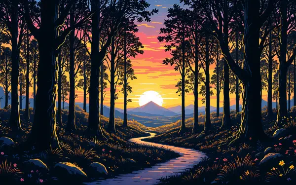 A serene landscape at sunset, featuring a winding path through trees with vibrant colors in the sky. This image is a stunning 4K Ultra HD desktop wallpaper and background.