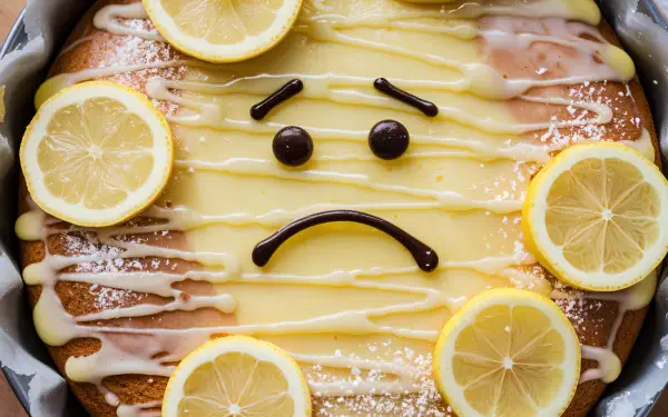 A vibrant lemon drizzle cake topped with lemon slices and a playful drizzle, depicted in a 4K Ultra HD wallpaper, showcasing its delightful, artistic presentation.