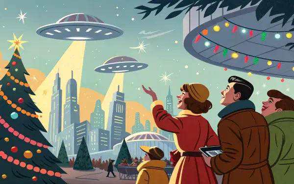 A joyful holiday scene featuring people admiring festive decorations, a Christmas tree, and UFOs above a city skyline, all set in a colorful 4K Ultra HD wallpaper.