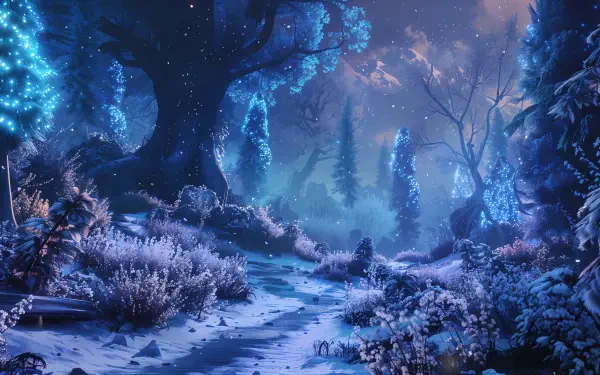 A serene fantasy forest scene in 4K Ultra HD, showcasing vibrant blue trees and a snow-covered path, enveloped in a mystical atmosphere. Perfect for a captivating desktop background.