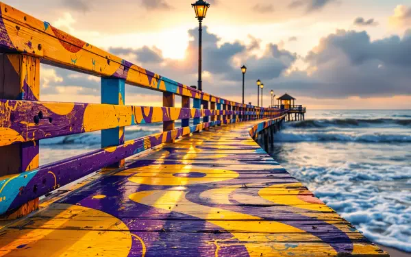 A vibrant, colorful pier stretches into the ocean, illuminated by lamps against a backdrop of clouds and a glowing sunset, captured in stunning 4K Ultra HD quality.