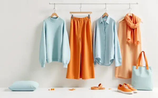 A stylish capsule wardrobe featuring soft blue and warm orange tones, including a sweater, shirt, pants, scarf, and accessories, set against a clean, minimal background.