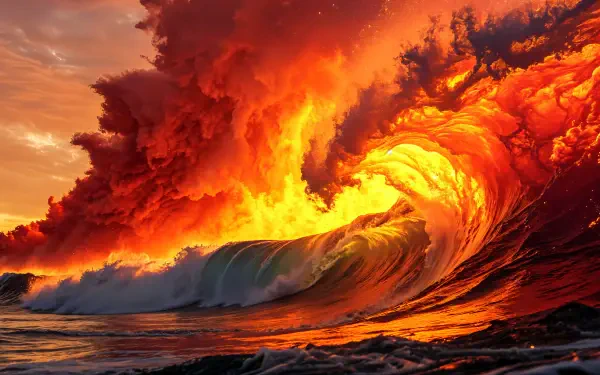 A stunning 4K Ultra HD wallpaper depicting a fiery wave, with vibrant orange and red hues against a dramatic sky, capturing the raw beauty of nature in motion.
