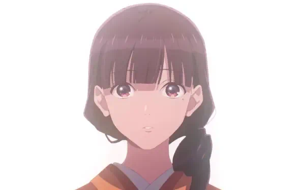 A serene HD desktop wallpaper featuring Miyo Saimori from the anime My Happy Marriage, showcasing her gentle expression and beautiful braided hair against a soft background.