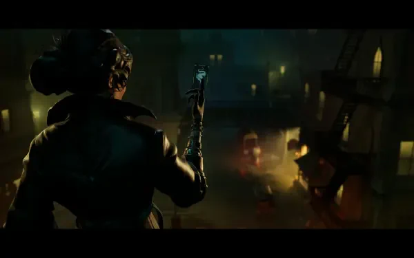 A character from the video game Sleight of Hand stands confidently with a sleek weapon, overlooking a shadowy urban landscape, captured in stunning 4K Ultra HD detail.