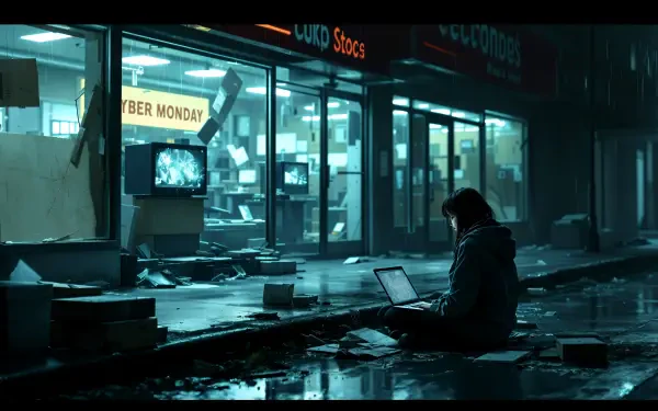 A person sits on a wet street with a laptop, surrounded by debris, as a dimly lit store window displays CYBER MONDAY, capturing a post-apocalyptic urban scene in 4K Ultra HD.