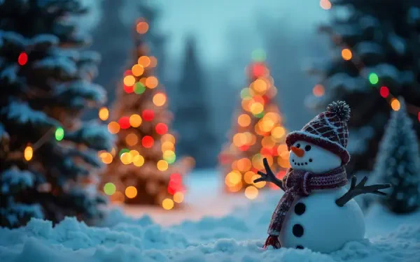 HD winter desktop wallpaper featuring a cheerful snowman in snowy surroundings with blurred Christmas trees adorned with colorful lights, evoking festive New Year spirit.