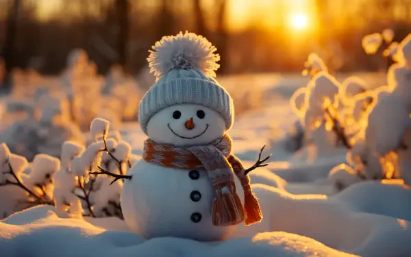 A cheerful snowman wearing a knitted hat and scarf sits in a snowy winter landscape at sunset, capturing the festive spirit of Christmas and New Year in 4K Ultra HD.