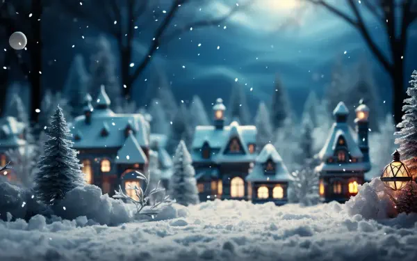 A snowy village scene illuminated by warm lights, capturing the festive spirit of Christmas and New Year in a 4K Ultra HD winter desktop wallpaper.