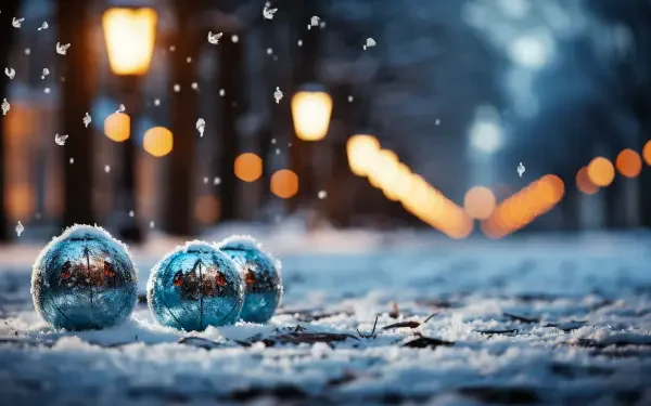 Snow-covered ground with reflective Christmas ornaments and glowing street lamps in the background, captured in a 4K Ultra HD winter holiday desktop wallpaper.