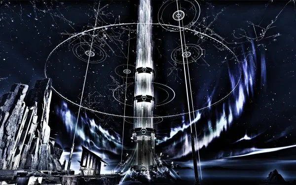 Wuthering Waves 8K Ultra HD PC desktop wallpaper featuring a glowing vertical beam with circular light patterns against a dark, starry sky and jagged rock formations.