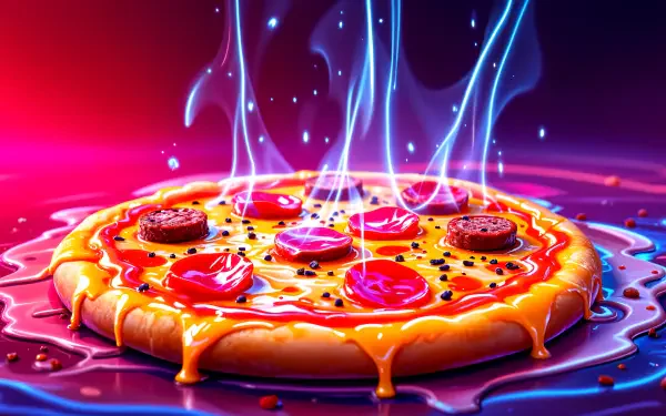 A vibrant meat lovers pizza, topped with pepperoni and sausage, emits steam against a colorful background, showcasing its deliciously cheesy allure in stunning 4K Ultra HD.