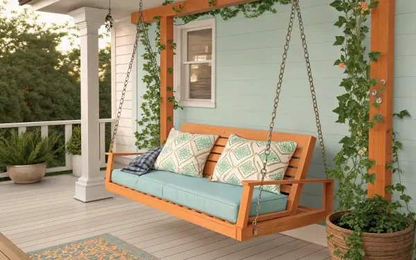 A cozy porch swing adorned with soft cushions hangs from a wooden frame, surrounded by lush greenery, offering a serene atmosphere in this 4K Ultra HD desktop wallpaper.