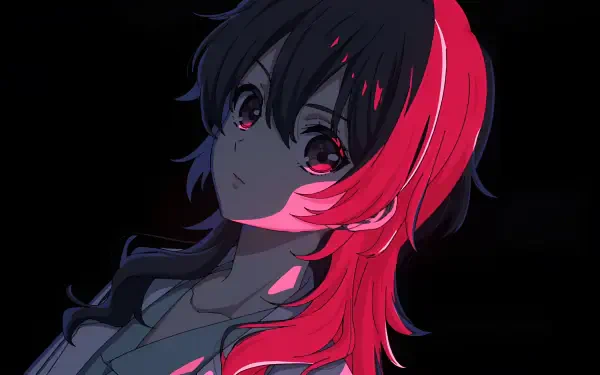 Anime-style portrait of Takao Ameku from Ameku M.D.: Doctor Detective with striking black and red hair, rendered in 4K Ultra HD for PC desktop wallpaper use.