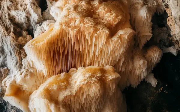 Close-up of a lion's mane mushroom displaying its unique, flowing texture and pale color, set against a softly blurred background. This 4K Ultra HD image serves as a striking PC desktop wallpaper.