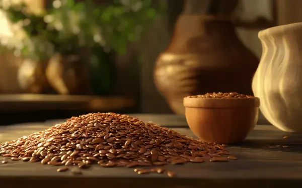 A close-up of a mound of flax seeds with a wooden bowl nearby, set against a softly lit background of pottery and greenery, rendered in stunning 4K Ultra HD detail.