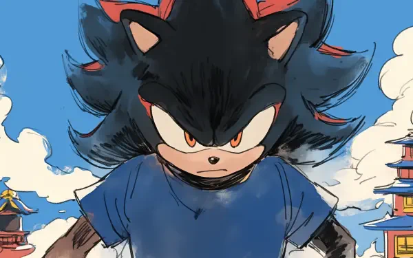 An HD desktop wallpaper featuring Shadow the Hedgehog from the video game series, showcasing his intense expression against a colorful sky and traditional structures.