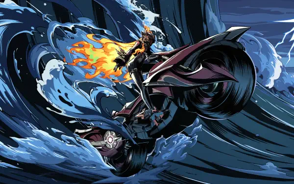 A dynamic 4K Ultra HD wallpaper featuring Mavuika from Genshin Impact, riding a futuristic bike through powerful waves, surrounded by striking fire and water elements.