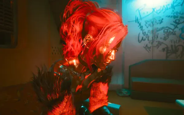 A vibrant 4K Ultra HD wallpaper featuring Lizzy Wizzy from Cyberpunk 2077, showcasing her striking red hair and futuristic aesthetic against a neon backdrop.