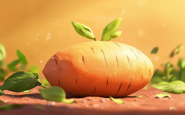 A vibrant, artistic depiction of a sweet potato, showcasing its rich orange hue surrounded by fresh green leaves, set against a warm background. A striking 4K Ultra HD desktop wallpaper.