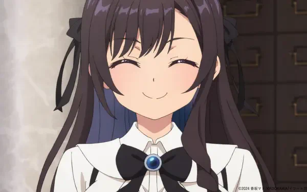 A cheerful anime character smiles warmly, showcasing elegance in her outfit, set against a decorative background. Featured in I May Be a Guild Receptionist But I'll Solo Any Boss to Clock Out on Time.