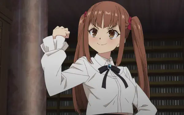 Anime wallpaper from I May Be a Guild Receptionist But I'll Solo Any Boss to Clock Out on Time featuring a confident girl with brown twin tails in a white blouse.