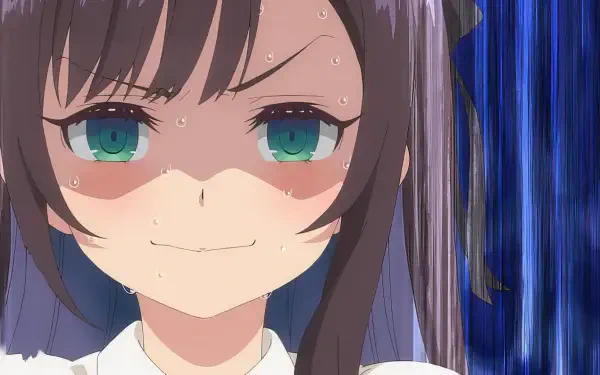 Close-up of a determined anime character with green eyes and sweat on her brow, embodying the spirit of I May Be a Guild Receptionist But I'll Solo Any Boss to Clock Out on Time. HD wallpaper.